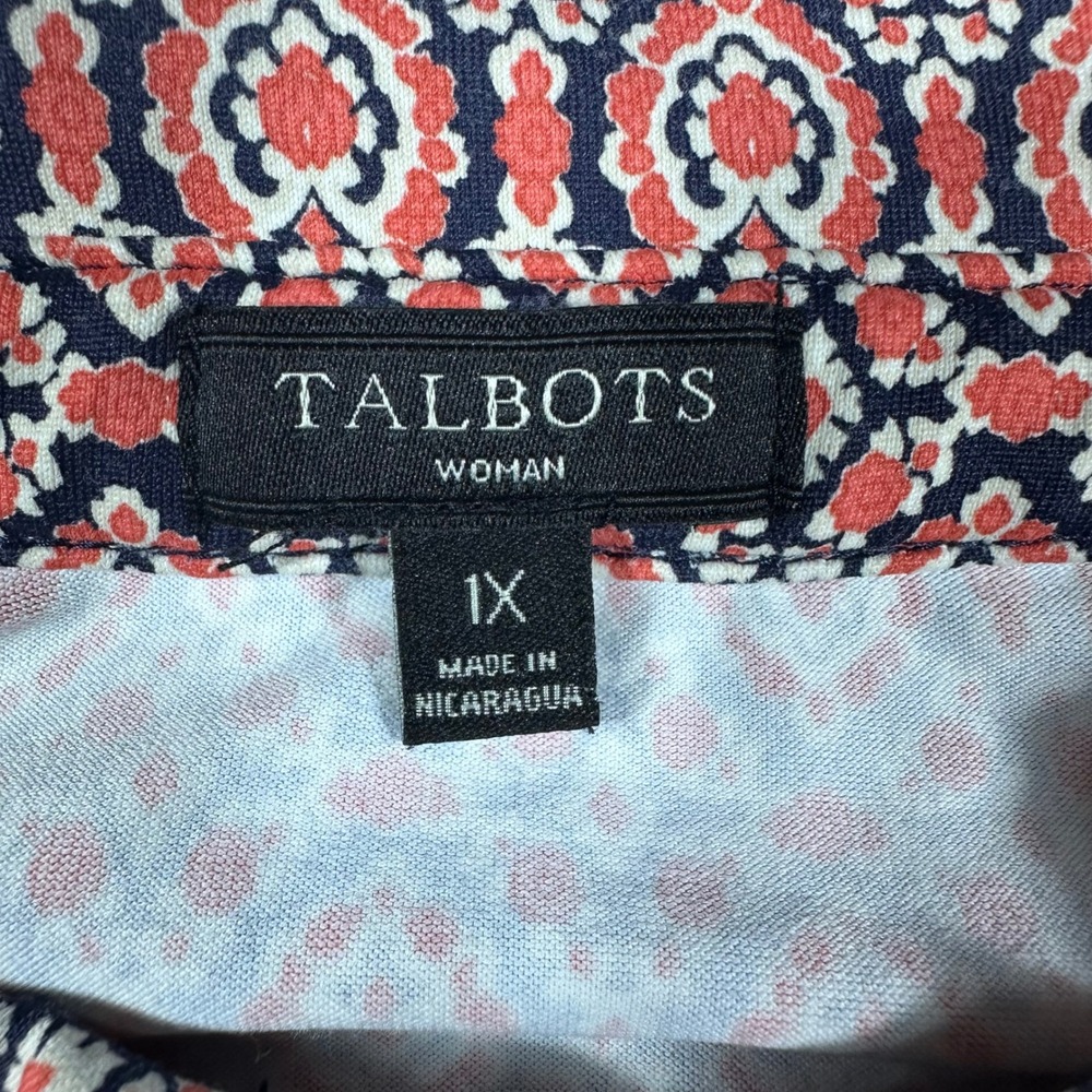 Talbots Tunic Top Women 1X Coral Navy Geometric Medallion 3/4 Sleeve Stretch - Picture 8 of 9